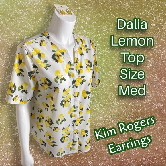 Dalia Lemon Button Down Top Size Medium with Kim Rogers Dangle Earrings - Picture 2 of 14